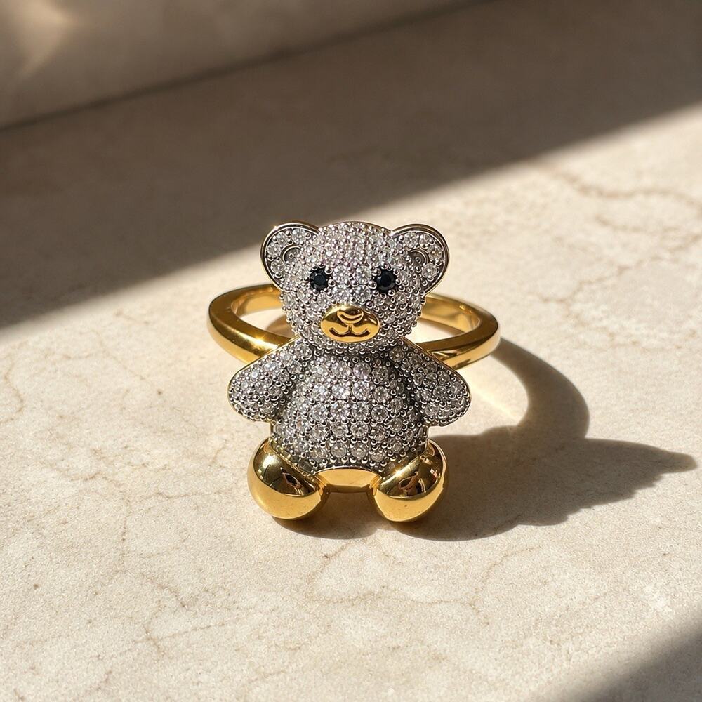 Teddy Bear Gold Ring Sz 6 Silver Pave Boho Retro Whimsical Statement